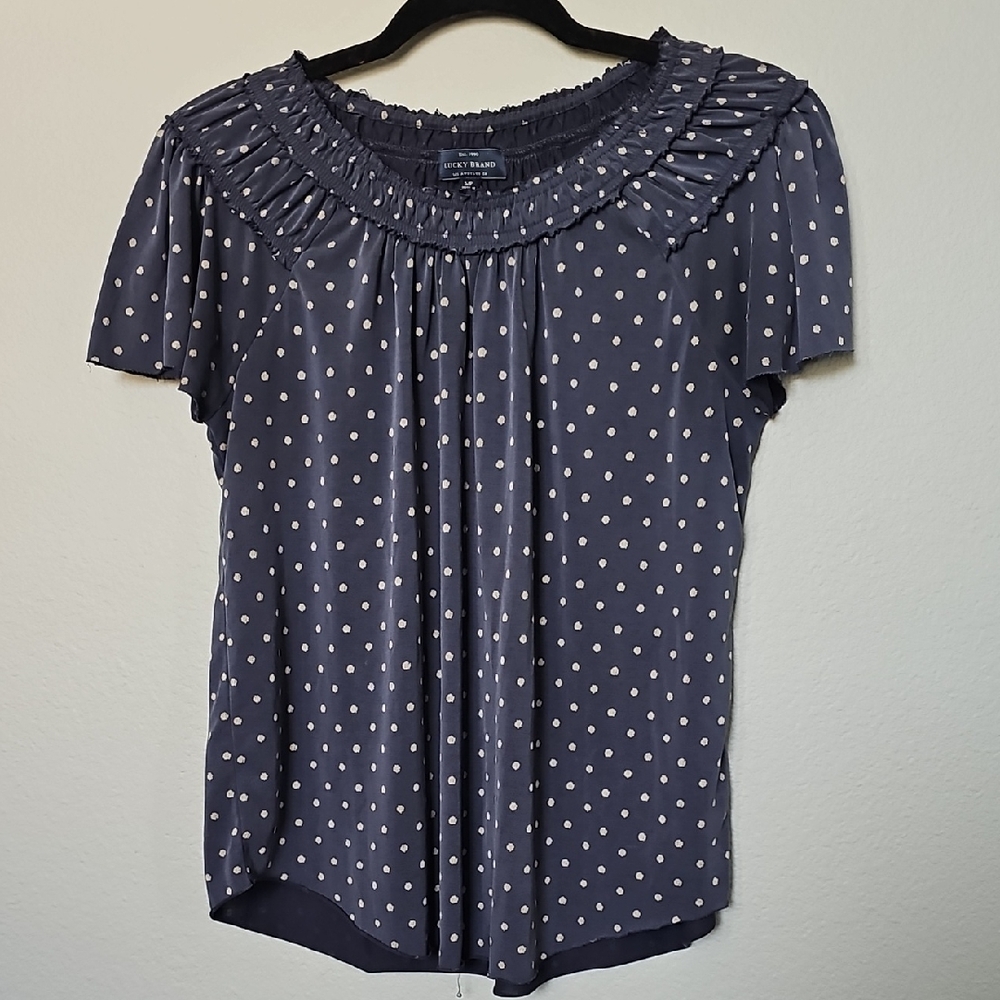 Lucky Brand Smocked Neck Flutter Sleeve Blue Polka Dot Blouse Small
